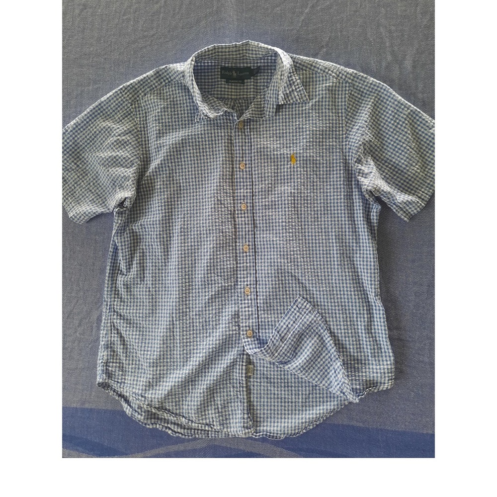 Polo Ralph Lauren Men Large Blue Gingham Seersucker Button Classic Shirt SEE